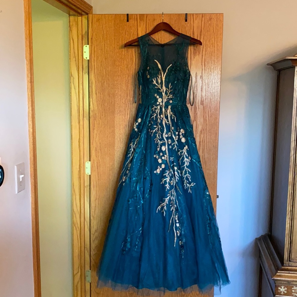 Size 2 Lara gown, teal, never worn. Dress is greener than appears in photos.